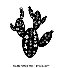Black silhouette of cactus with white floral elements. Vector illustration in linocut style. 