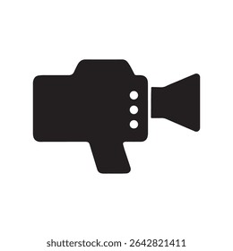 A black silhouette of a camcorder with a grip and three white circles on a white background image