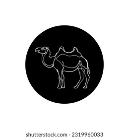 Black silhouette of a camel in black circle. Graphic drawing. Vector illustration.