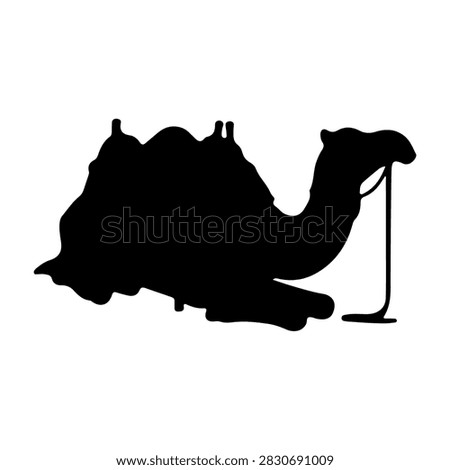 A black silhouette of a camel lying down with a cane, emphasizing the animals relaxed posture and the cane as a symbol of age or wisdom.