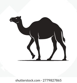 A black silhouette of a camel with one hump walking from left to right against a white background.
