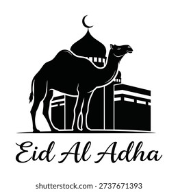 Black silhouette of a camel standing in front of a mosque with a crescent moon on top, on a white background, with Eid Al Adha text