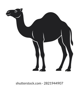 A black silhouette of a camel stands on a white background, looking to the left, simple and iconic animal shape