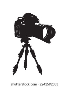 Black silhouette of a camera on a white background. Flat vector illustration of camera with tripod