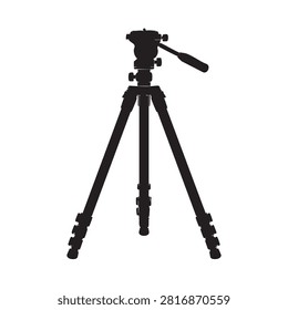Black silhouette of a camera tripod isolated on a white background, representing photography and videography equipment. This modern and professional gear is essential for photographers and videographers seeking stability and precise shots. Vector illustration showcases technological tool for creative work.