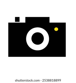 A black silhouette of a camera with a white lens and a yellow dot.