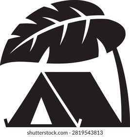A black silhouette of a camping tent positioned underneath a large tropical monstera leaf, presented as a flat on a white background