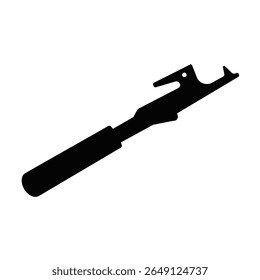 A black silhouette of a can opener is shown against a white background The image is simple and minimalist in style.