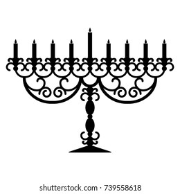 Black silhouette of a candlestick on a white background. Hanukkah. Vector illustration.