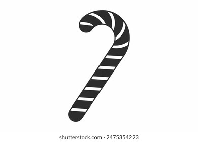 Black silhouette of candy cane with striped pattern isolated on white background. Traditional festive treat icon in minimalist style. Concept of Christmas, confectionery. Design element, print.