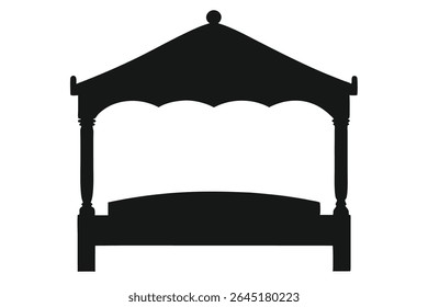 Black silhouette of a canopy bed against a white background. The illustration is simple and features a flat design. The bed has four posts and a curved canopy top.