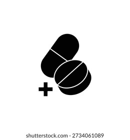 Black silhouette of a capsule, a tablet, and a plus symbol on a white background, representing medication and healthcare.