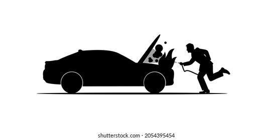 Black silhouette of a car accident, Fire in a car engine with a man extinguishing fire isolated on white background