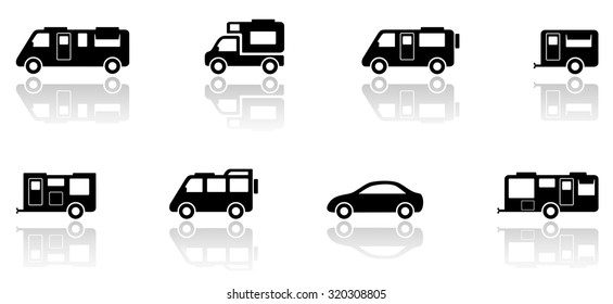 black silhouette caravan or camper van icons set