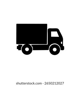 Black silhouette of a cargo delivery truck. Simple vector icon ideal for logistics, transportation, shipping, and freight concepts. Isolated on white background