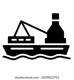 A black silhouette of a cargo ship carrying a container with a crane is seen on wavy water, representing maritime transportation.