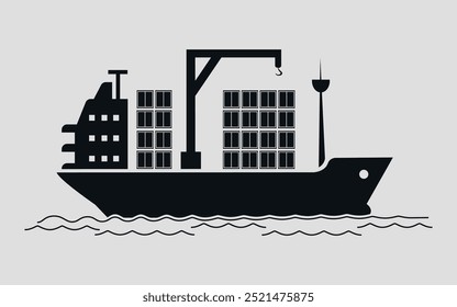 Black silhouette of cargo ship with containers. Vector on gray background