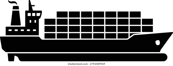 Black silhouette of a cargo ship with containers on deck and smokestack emitting smoke