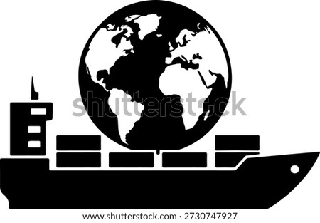 A black silhouette of a cargo ship with a globe on top, set against a pure white background, representing global trade and transportation in a simple and iconic way.