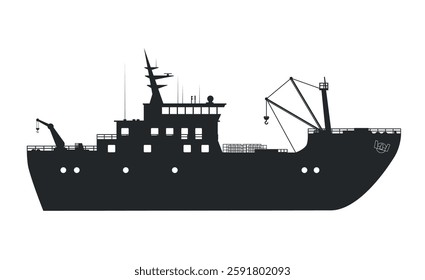 Black silhouette of cargo ship icon on white background. Fishing vessel, cargo delivery. Trade.