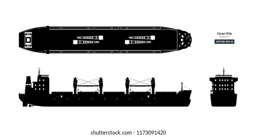 Black silhouette of cargo ship on white background. Top, side and front view of tanker. Container boat blueprint. Vector illustration