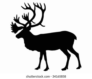 The black silhouette of a caribou on white