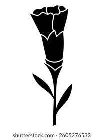 Black silhouette of carnation flower with leaves isolated on white background