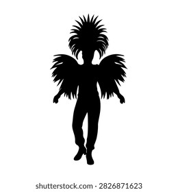 Black silhouette of a carnival dancer wearing an elaborate feathered costume and headdress, showcasing cultural dance attire and vibrant festival spirit.