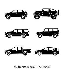 Autos mit schwarzer Silhouette auf weißem Hintergrund. Vektorillustration-SUV-Set