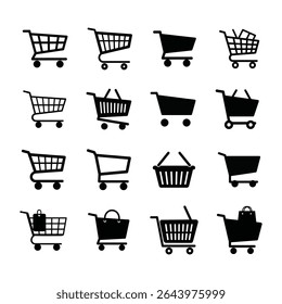 Black Silhouette 
 Cart Icon Set  Minimalist Trolley and Basket Vector Collection on White Background .