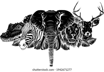 black silhouette of Cartoon african wild animals on white background