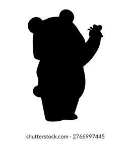 A black silhouette of a cartoon bear standing and holding a small flower in its paw.
