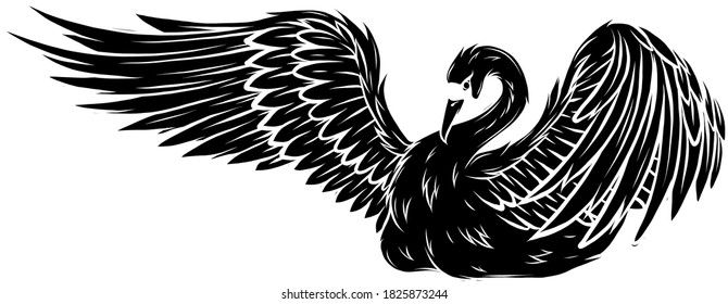 black silhouette Cartoon beauty swan floats on water vector