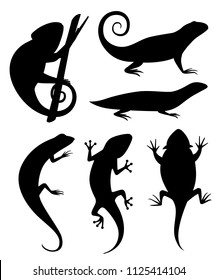 Black silhouette. Cartoon chameleon climb on branch. Small lizards. Animal flat icon collection. Vector illustration isolated on white background.