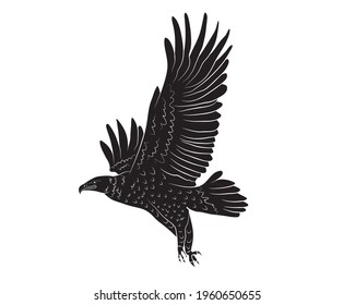 Black silhouette Cartoon flying wild eagle in isolate on a white background. Vector illustration.