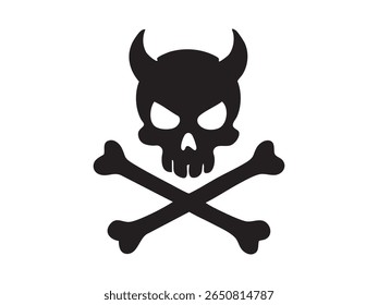 Black silhouette of cartoon human skull with horns and crossed bones, isolated on white background. Concept of pirate symbol, danger sign, devil or satan icon, gothic and halloween design element.