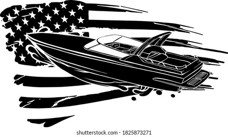 Black Silhouette Cartoon Illustration Of Speedboat With American Flag