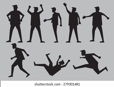 Black silhouette for cartoon man in different gestures and body language. Vector character illustration isolated on plain grey background.