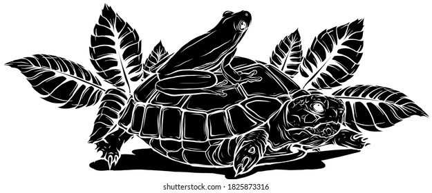 black silhouette Cartoon turtle posing on leaves stump vector