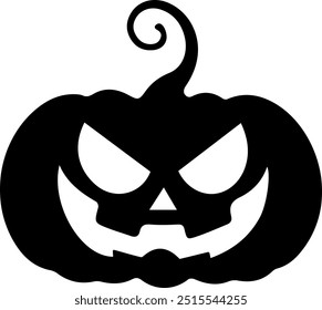 Silueta negra de un Halloween tallado Jack-o'-lantern con una expresión amenazadora, con ojos agudos. Espeluznante icono de calabaza de Halloween aislado sobre fondo blanco.