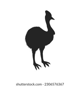 Black silhouette of cassowary big Australian bird flat style, vector illustration isolated on white background. Decorative design element, flightless bird with crest and long neck