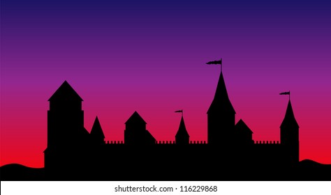 Black silhouette of the castle after sunset - vector