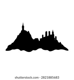 Black silhouette of a castle atop a mountain with rugged terrain and a tower, set against a plain white background, emphasizing historic architecture.