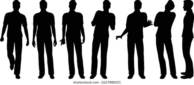 Black silhouette of casual male in different poses.