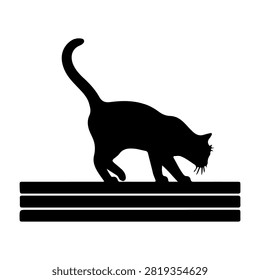 Black silhouette of a cat with arched back and raised tail walking on striped surface, emphasizing feline curiosity and agility.