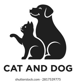 A black silhouette of a cat and dog sitting together looking up in unison