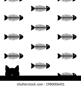 Black silhouette of a cat and fish skeletons. Background, Cat head.