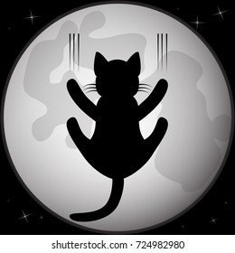 Black silhouette of cat  in front of the full moon. Vector illustration.
