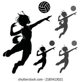 A black silhouette of a cat girl in a dynamic pose of a volleyball player, she is preparing to hit a ball flying up with her palm. 2d action anime art.