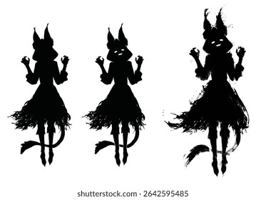 A black silhouette with a cat girl. She is a playful ghost and a witch, hovering in the air, smiling and waving her claws. It also looks like a jerboa. Anime style 2d cartoon art.